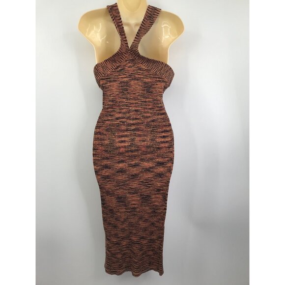 DKNY Donna Karen Stretch Halter Space Dye Knit Dress Orange Black Medium NEW - Picture 5 of 8